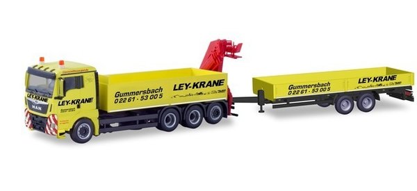 310741 Herpa MAN TGX XL Euro 6c LKW mit Ladekran und Tiefladeanhänger "Ley Krane Gummersbach"